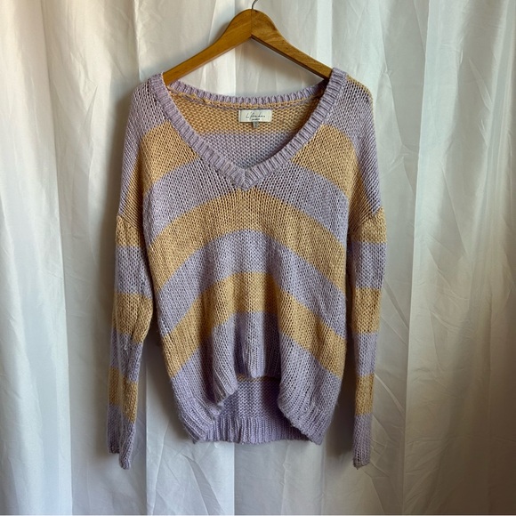 L'Academie Sweaters - L'ACADEMIE Park Rib Knit Striped Sweater Lavender Orange V-Neck Lightweight XS
